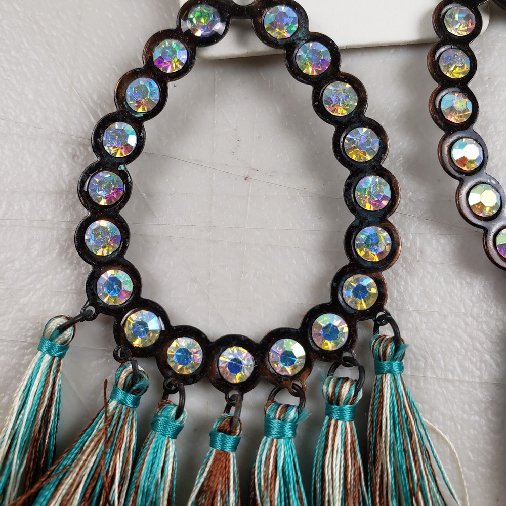 Boho Teal Brown Tassel Statement Earrings AB Crystal Copper Verdigris Boho Chic - Picture 2 of 7